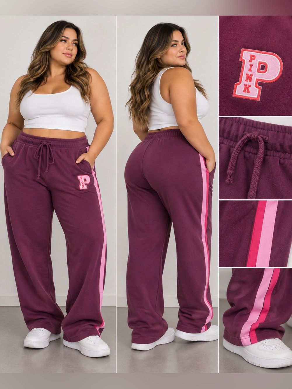 PINK Victoria's Secret Men's Plum Sweatpants with Pink and Red Stripes